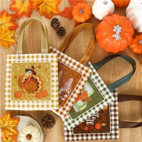 AnyDesign Fall Reusable Gift Bag Pumpkin Turkey Gnome Tote Bags‎ with Handles - Picture 3 of 8